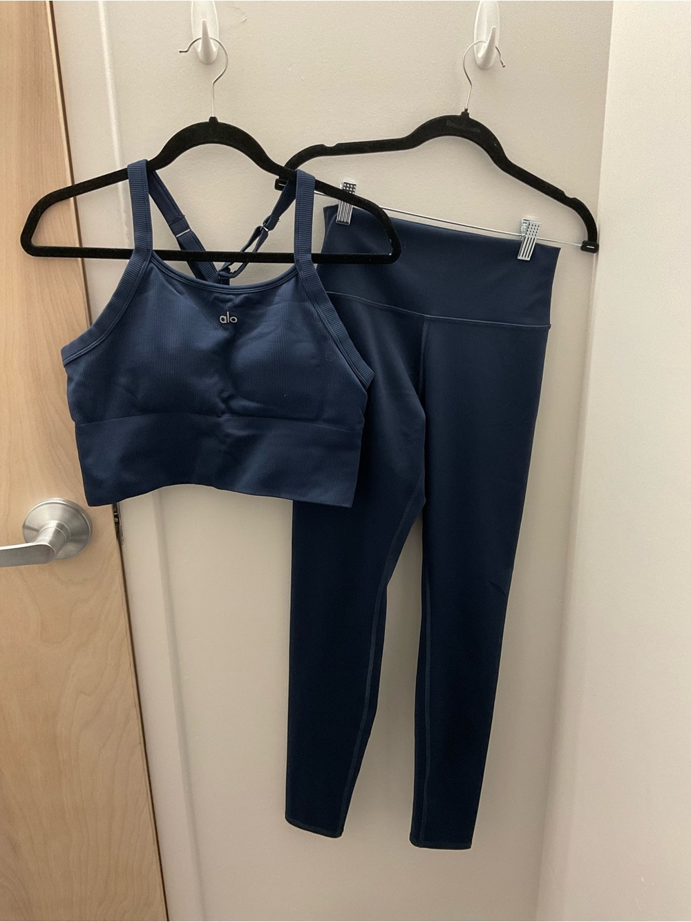 Alo Yoga Navy Blue Sports Bra and Leggings Set